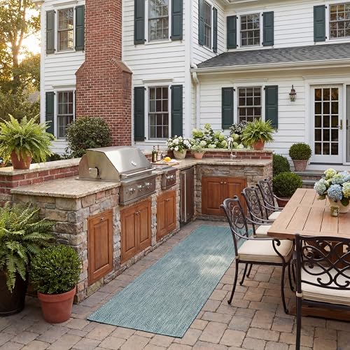 SAFAVIEH Outdoor Runner Rug 2'3"x6'7" - Courtyard Collection - Coastal Design, Aqua & Grey, Durable & Easy Cleaning, Ideal for Patio, Entryway, Mudroom, Backyard (CY8022-37121) - color: Aqua/Grey, size: 2'3" x 6'7" (Runner)