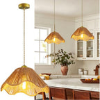 Mini Rattan Pendant Lights, 11.8″ Kitchen Island Pendant Lights with Flower Shade, Boho Handwoven Rope Woven Chandelier for Living Room Dining Room Bedroom Wicker Adjustable Height Hanging Lamp - color: 11.81″-Flower-shape