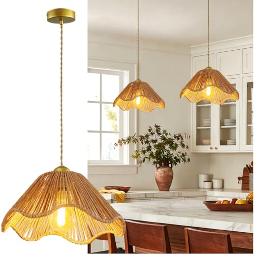 Mini Rattan Pendant Lights, 11.8″ Kitchen Island Pendant Lights with Flower Shade, Boho Handwoven Rope Woven Chandelier for Living Room Dining Room Bedroom Wicker Adjustable Height Hanging Lamp - color: 11.81″-Flower-shape