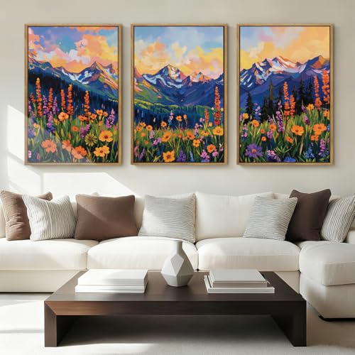 ANHUIB Colorful Wildflower Wall Art Boho Mountain Wall Decor Nature Floral Art Print 16x24 Inch Set of 3 for Living Room Bedroom Dining Room - color: Colorful Wildflower, size: 24"L x 16"W