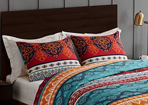 Boho Mandala Bohemian Chic Set of 2 Pillow Cases Standard Queen Pillowcase Sham Cover Set for Bed Red Teal Blue Orange Indian Patterned Turquoise Decorative Accent College Dorm Teen Home Room Décor - color: Red Boho