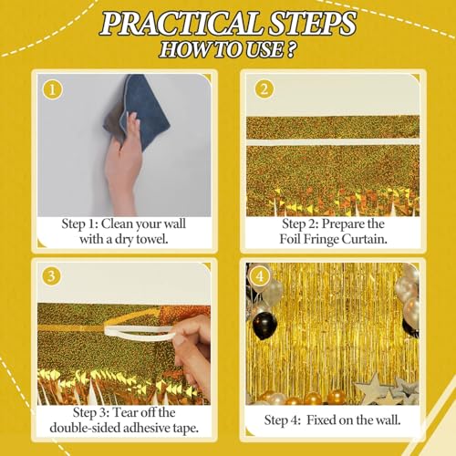 DECOCKRAT 3 Pack Foil Fringe Backdrop - Laser Gold Shiny Tinsel Curtains for Party Decoration/Photo Booth Props - 3.3x8.2 FT Metallic Foil Backdrop for Birthday, Wedding, Graduation, Christmas. - color: Laser Gold