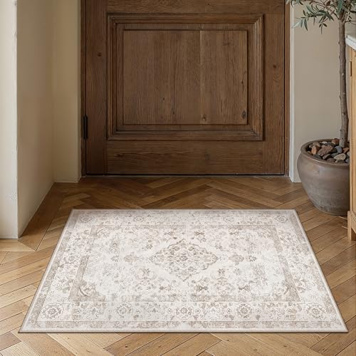 PureCozy Beige 2x3 Washable Area Rug for Living Room Neutral Vintage Floral Medallion Soft Small Door Mat Low Pile Non Slip Distressed Indoor Office Carpet for Bedroom Dining Room Nursery - color: Beige, size: 2' x 3' (Rectangular)