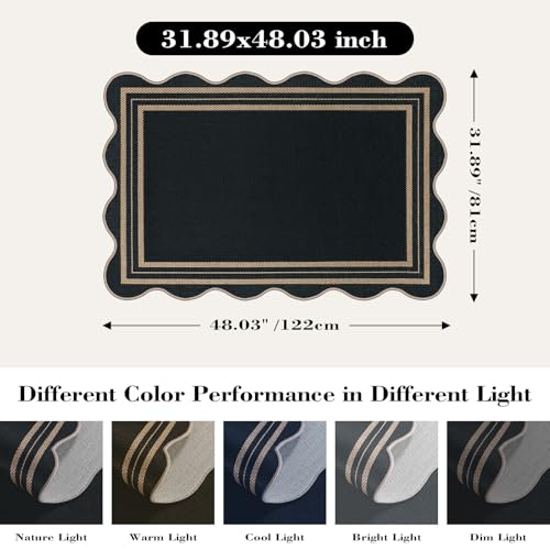Easy Jute Black Front Door Mat, 2.6x4 Washable Entryway Rug Non Slip Small Kitchen Rug, Farmhouse Low Pile Floor Scalloped Rugs for Bathroom Porch Doorway - color: Black Geometric, size: 2.6'x4' (Rectangular)