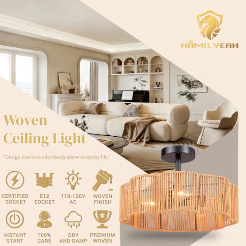 Hamilyeah 16 Inch Boho Semi Flush Mount Ceiling Light, Woven Scalloped Shade Ceiling Fixture with 3-Light E12 Base, Black Decorative Ceiling Light for Bedroom, Entryway, Kitchen, Hallway - color: Black 16 INCH Semi
