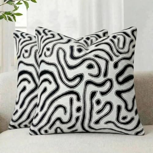 Mantle & Mason Throw Pillow Covers 18x18 Chenille Pillow Covers Set of 2, White Modern Abstract Luxury Textured Decorative Pillow Cover for Couch Sofa Bed Living Room - color: Artflow Black White, size: 18" x 18" (Pack of 2)