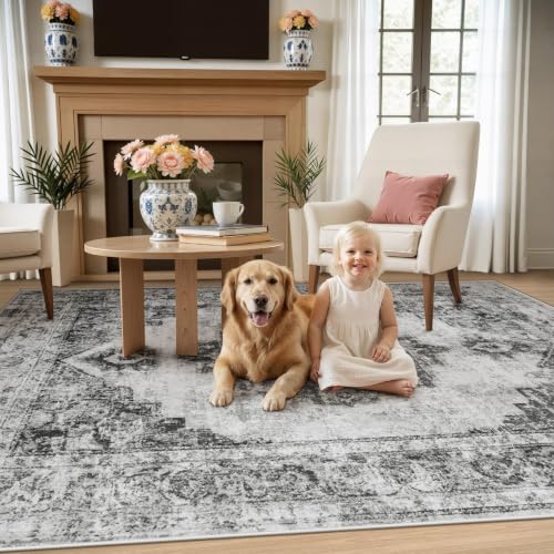 Area Rug 4x6 Vintage Rugs: Washable Indoor Medallion Rug Low Pile Distressed Floor Carpet Retro Accent Rugs for Living Room Bedroom Kitchen Dining Table Home Office(Black, 4'x6') - color: Black, size: 4' x 6' (Rectangular)