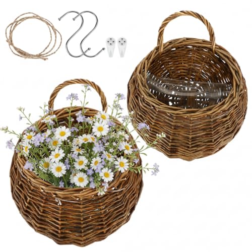 DOITOOL 2PCS Woven Hanging Wall Basket Rattan Wall Planter, Wicker Handmade Baskets Rustic Flower Pots Plant Containers for Garden Home Storage Flowers Hanging Planters