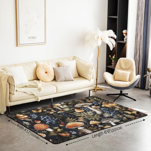 Erosebridal Mushroom Area Rug 6'6" x 4'11" Butterfly Living Room Rugs Nature Leaves Botanical Decorative Carpet Vintage Daisy Blueberry Indoor Floor Mat - color: Black Brown, size: 4'11" x 6'6" (Rectangular)