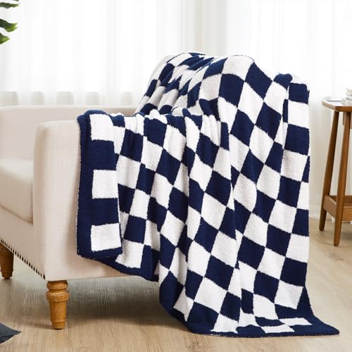 Checkered Throw Blanket, Dark Blue Soft Cozy Fluffy Knitted Throw Blankets for Couch, Sofa, Bed, Chair, Warm Fuzzy Travel Picnic Lightweight Plaid Blanket, 50x70 inches - color: Dark Blue, size: 50×70 Inch