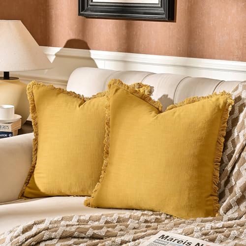 AmHoo Pack of 2 Linen Pillow Covers with Tassels Fringed Decorative Rustic Natural Throw Pillowcase Cushion for Couch Sofa Bedroom 18 x 18-Inch Mustard Yellow - color: Mustard Yellow, size: 18" x 18" (Pack of 2)