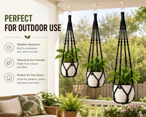 3-Pack Macrame Plant Hanger Indoor - Hanging Planter Basket for Indoor Outdoor - Decorative Boho Plant Holders Set with Beads - Ceiling Flower Pot Holder with 6 Hooks - 35"/30"/24" Black - color: Black