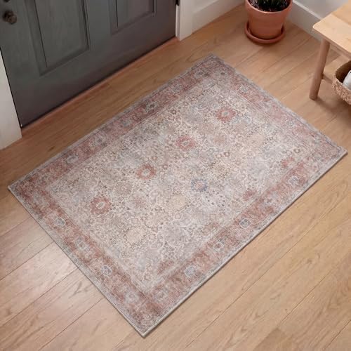 Kuden 2x3 Small Rug, Machine Washable, Non-Slip Backing, Vintage Style, Soft, Low Pile, Area Rugs for Entryway Kitchen Indoor Entrance - color: Beige / Red, size: 2' x 3' Rectangular
