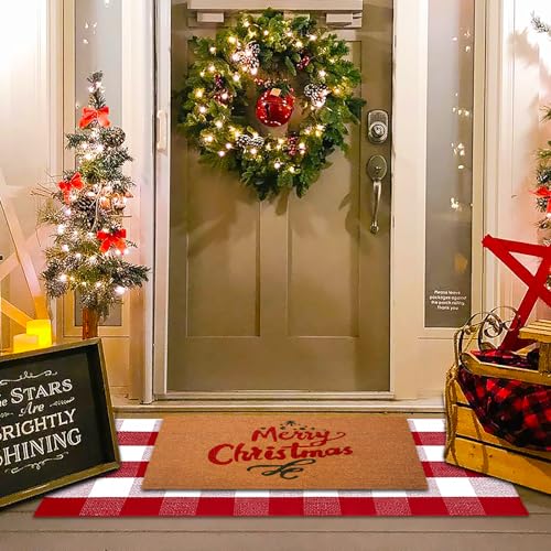 Christmas Red and White Plaid Rug - 24 x 51 Inches Outdoor Front Door Decor Mat Cotton Washable Hand-Woven Rug Christmas New Year Holiday Porch Entryway Layered Doormat - color: Red & White Plaid, size: 2' x 4'3" (Rectangular)