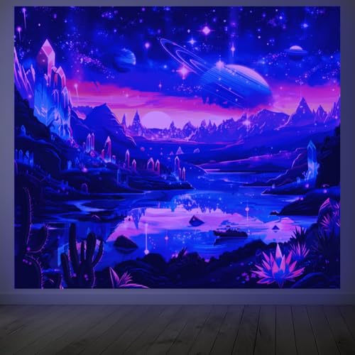 CRAFTYMELODY Alien Planet Blacklight Tapestry Glow in the Dark Tapestry UV Reactive Lake Mountain Star Wall Hanging 59×51 Inch with Hook Self Adhesive Sticker Clip for Bedroom Home Wall Decoration - color: Alien Landscape