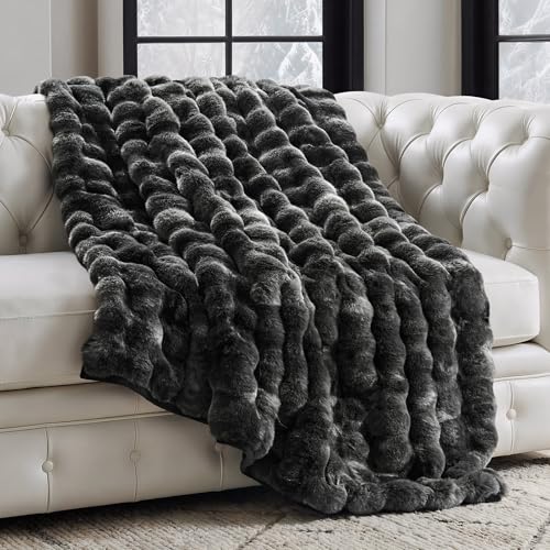 EverGrace Ultra Soft Luxury Fluffy Faux Rabbit Fur Throw Blanket, Thick Warm Bubble Throw for Bed, Cozy Plush Reversible Blankets for Couch, Chair, Sofa, Marble Black, 50x60 Inches - color: Black Marble, size: 50"x60"