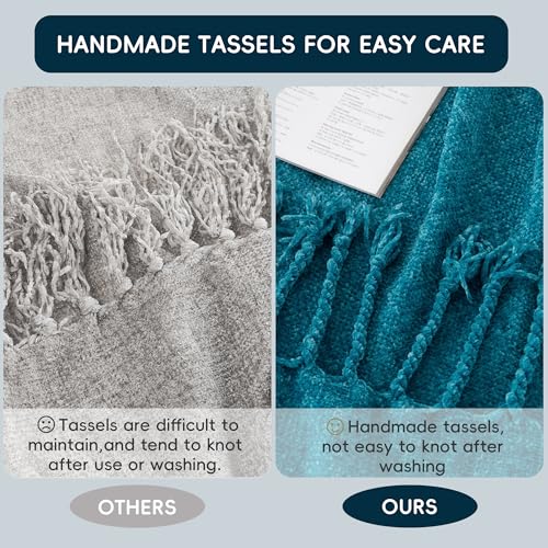 BATTILO HOME Teal Blue Chenille Throw Blanket for Couch, Soft Cozy Textured Knit Throw Blanket with Handmade Fringe Tassels, Lightweight Decorative Farmhouse Blanket for Sofa Bed Chair, 50"x60" - color: Teal