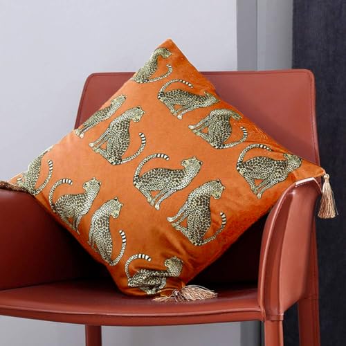 Fall Square Decorative Throw Pillow Cover with Tassels Leopard Pattern Cushion Cover Luxury Style Soft Velvet Pillowcase for Sofa Couch Bedroom (18"x18",Orange) - color: Orange, size: 18" x 18" (Pack of 1)
