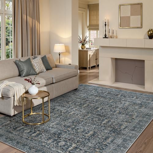 Collive Area Rug for Living Room 5x7, Machine Washable Vintage Distressed Rugs for Bedroom, Soft Non-Slip Low Pile Indoor Floor Accent Carpet for Office Entryway Nursery Dining Room - Blue/Grey - color: Blue/Grey, size: 5' x 7' (Rectangular)
