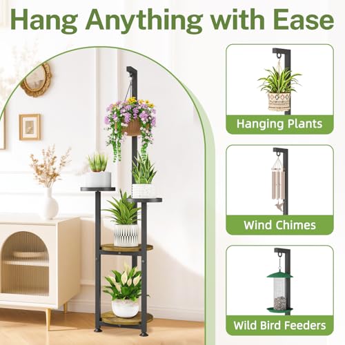 iDavosic.ly 4 Tier Hanging Plant Stand Indoor, Tall Vertical Corner Metal Flower Heavy Duty Pot Holder Shelf for Patio Porch Living Room, Modern Black & Rustic Brown - Round - color: Black with Hanging, size: 4 Tiers