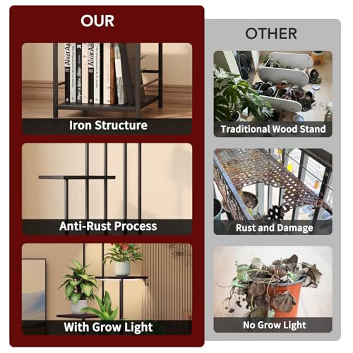 Homsorout Plant Stand Indoor with Grow Light - 6-Tier Metal Plant Shelf with Hanging Basket Hook, Corner Tall Flower Holder for Multiple Plants, Living Room Balcony Garden Patio, Black - color: Black, size: 6-Tier