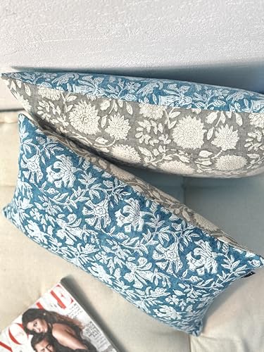 Handblock Printed Vintage Indian Cotton Decorative Throw Pillow Covers, Set of 2 (Vintage Turquoise Grey, 12" x 20" (Pack of 2)) - color: Vintage Turquoise Grey, size: 20" x 12" (Pack of 2)