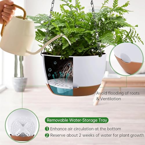 Set of 2 Hanging Planters for Indoor Outdoor Plants, 8 Inch Self-Watering Hanging Flower Pots with Drainage Hole & Removable Water-Storage Tray (Hooks) - color: White, size: 8 Inch (S)