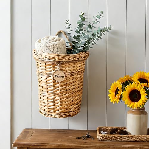 Hiceeden Wicker Hanging Wall Basket, Woven Front Door Flower Basket, Flat Hanging Storage Basket Wall Decor for Home, Garden, Pantry, Farmhouse - style: Country Rustic