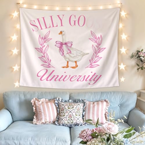 Lacama Pink Funny Tapestry, Cute Preppy Goose Tapestry for College Dorm Bedroom Teen Girls Room Apartment, College Dorm Decor, Goose University Blanket for Friend 50x60 - color: silly goose-2-pink