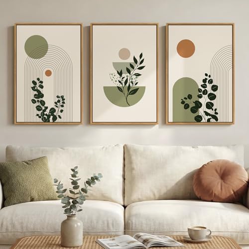 3 Piece Framed Abstract Boho Wall Art for Living Room, Large Sage Green Botanical Plant Canvas Artwork for Walls, Minimalist Geometric Prints Paintings for Bedroom Dining Room Hallway 16x24 Inch - color: Green Orange, size: 24" H x 16" W x 3Pcs