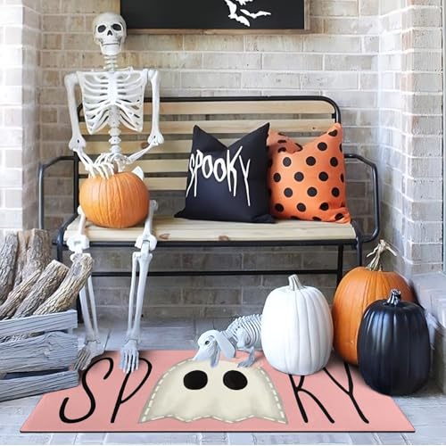 Halloween Door Mat,Spooky Ghost Pink Outdoor Mats for Front Door,Halloween Indoor Entrance Non-Slip Doormat,Halloween Entryway Welcome Rubber Mats for Front Porch Decor 30" x 17" - color: Spooky Ghost Pink Doormats