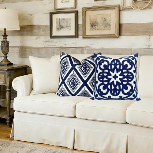 Slow Cow Embroidery Navy Blue Pillow Covers Cushion Covers Invisible Zipper for Living Room 18 x18 Inch - color: Navy Eyes, size: 18" x 18" (Pack of 1)