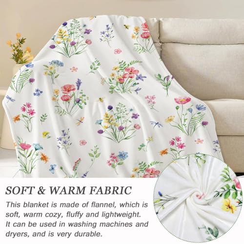 Colorful Wildflowers Throw Blanket Botanical Plant Bed Blanket Watercolor Floral Flower Blankets Soft Flannel Fleece Throw Blanket Boho Cozy Fluffy Plush Blankets 60" X 80" - color: Wildflowers, size: 60" X 80"