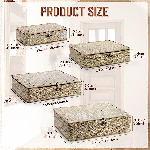 Didaey Set of 4 Seagrass Basket with Lid Wicker Storage Basket Decorative Storage Boxes with Lids Flat Storage Bins Woven Organizer Baskets for Shelf Closet Bedroom, 4 Sizes (White) - color: White