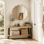 Circle Wood Mirrors for Wall, Wavy Round Bathroom Scalloped Mirror Wooden Frame 28 Inch for Living Room Farmhouse Bedroom Hallway Entryway Living Room with Shatterproof Glass Wall Mounted - size: 28"L x 28"W