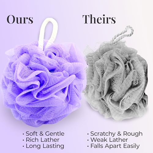 Premium Loofah Bath Sponge 4 Pack – Full-Size 60g (5.5 Inch) Colorful Mesh Shower Poufs, Soft & Gentle Body Scrubbers for Women, Men & Kids with Cotton Rope (Tropical Escape) - color: Tropical Escape