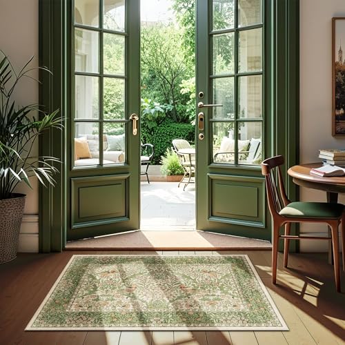 2x3 Floral Washable Area Rug for Entryway, Vintage Boho Rugs for Living Room Bedroom Dining Room, Botanical Birds Non Slip Low Pile Forest Animal Throw Carpet for Farmhouse Office, Retro Pink/Green - color: Pink Green (Larger Pattern), size: 2' x 3' (Rect