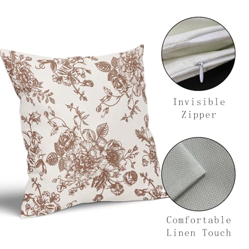 Vintage Floral Pillow Covers 18x18 Inch Set of 2 Dark Brown and Cream Floral Throw Pillow Covers Chinoiserie Flower Pillowcases Rustic Farmhouse Cotton Linen Cushion Covers for Couch Bed Sofa Decor - color: Dark Brown, size: 18" x 18" (Pack of 2)