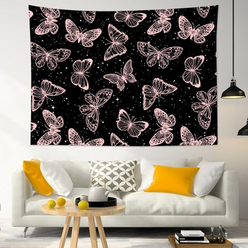 HVEST Pink and Black Butterfly Tapestry - Butterfly on Black and White Galaxy Space Wall Hanging - Night Sky Nature Wall Decor for Kids Bedroom, Dorm, Living Room - 51L x 59W inches - color: Black Pink, size: 51"L x 59"W