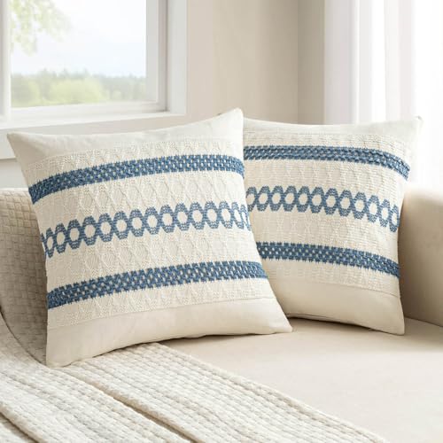MIULEE Set of 2 Coastal Blue Boho Decorative Pillow Covers 18x18 Inch Farmhouse Rustic Couch Throw Pillows Modern Summer Cotton Cushion Covers Retro Cute Macrame Woven Spring Decor for Bed Sofa Chair - color: Blue, size: 18" x 18" (Pack of 2)