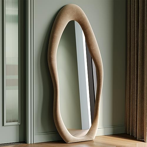Honyee Full Length Mirror, 63" x 24" Wall Mirror, Flannel Wrapped Wooden Frame Floor Mirror, Irregular Wavy Mirror Hanging or Leaning Against Wall for Cloakroom/Bedroom/Living Room, Milk Tea - color: Milk Tea, size: 63"L x 24"W