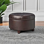 HomePop 25" Button Tufted Round Storage Ottoman - Distressed Brown Faux Leather - color: Brown