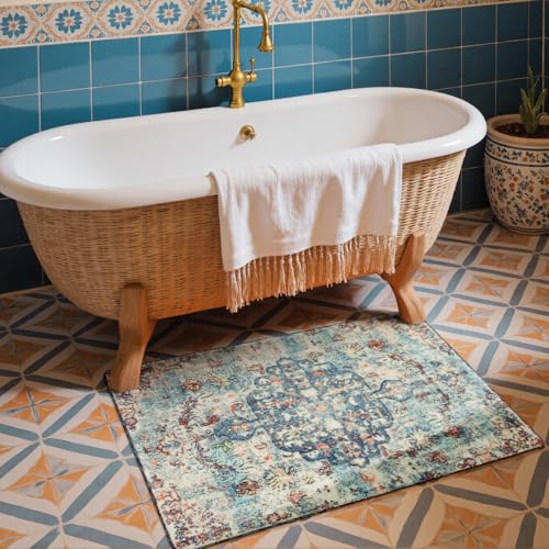 Lahome Reine Bohemian Floral Medallion Area Rug - 2x3 Vintage Teal Distressed Small Entryway Rug Turkish Doormat Faux Wool Non-Slip Washable Low-Pile Carpet for Bathroom Kitchen Laundry Room Decor - color: Vintage Teal/Multi, size: 2' x 3' (Rectangular)