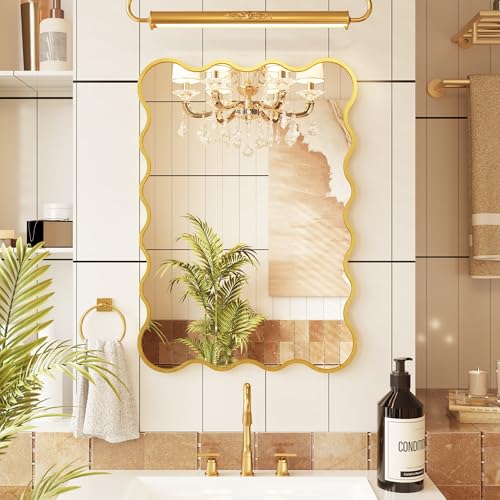 Kelly Miller 22x32 Inch Gold Scalloped Mirror, Large Rectangular Wavy Edge Bathroom Vanity Wall Mirror Decorative for Bedroom Living Room Entryway Fireplace Mantle - size: 32"L x 22"W