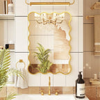 Kelly Miller 22x32 Inch Gold Scalloped Mirror, Large Rectangular Wavy Edge Bathroom Vanity Wall Mirror Decorative for Bedroom Living Room Entryway Fireplace Mantle - size: 32"L x 22"W