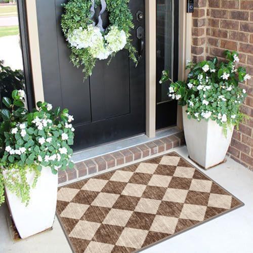 Front Door Rug - 2x3 Brown Beige Non-Slip Washable Doormat Indoor Outdoor Mat Outside Entrance Entry Rug Checkered Diamond Small Area Rugs for Entryway Bedroom Kitchen Front Porch Decor - color: Diamond - Brown Beige, size: 2' x 3' (Rectangular)