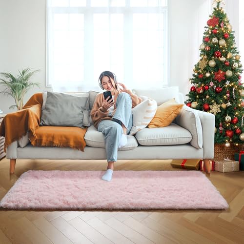 ONASAR Pink Runner Rugs for Bedroom Living Room, 2x6 Bedside Hallway Fluffy Area Rug, Ultra Soft Plush Furry Faux Fur Non Slip Floor Carpet for Nursery Kids Dorm Closet Home Decor Aesthetic - color: Light Pink, size: 2' x 6' (Runner)