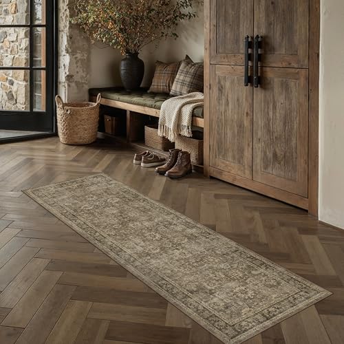 HUGEAR 2x6 Runner Rug Brown Machine Washable Rug Room Decor Vintage Distressed Hallway Rugs Low Pile Carpet Non Slip Washable Rugs for Kitchen Laundry Room Living Soft Lightweight - color: A| Brown, size: 2' x 6' (Runner)