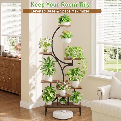 Plant Stand Indoor with Grow Lights - 7-Tier Indoor Plant Shelf with Elevated Base & Hanging Hook, 63" Corner Plants Stands for Multiple Plant Sizes, Multi-Tiered Lighted Rack for Living Room, Black