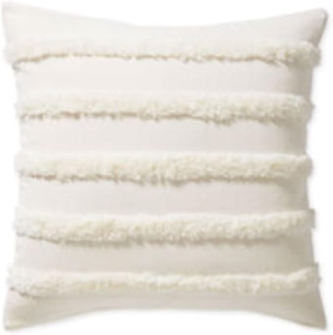Hofdeco Premium Coastal Patio Tufted Indoor Outdoor Throw Pillow Cover Only, 18"x18" Water Resistant for Backyard, Couch, White Fluffy Stripes